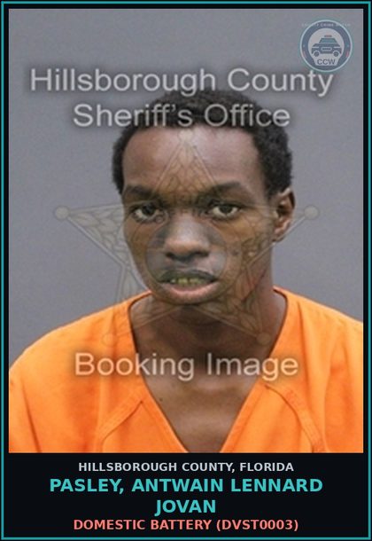 CCW arrest card for PASLEY, ANTWAIN LENNARD JOVAN in Hillsborough County: DOMESTIC BATTERY (DVST0003)