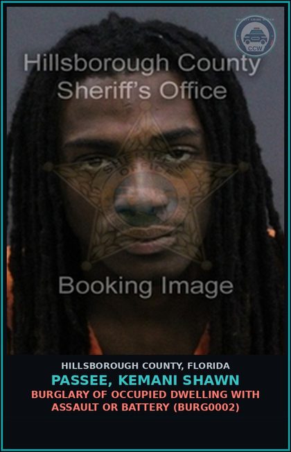 CCW arrest card for PASSEE, KEMANI SHAWN in Hillsborough County: BURGLARY OF OCCUPIED DWELLING WITH ASSAULT OR BATTERY (BURG0002)