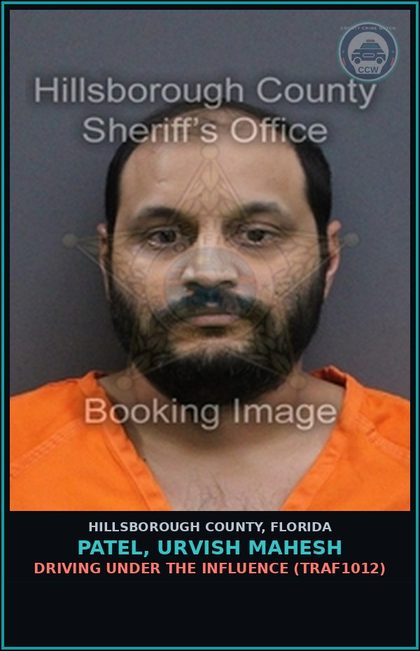 CCW arrest card for PATEL, URVISH MAHESH in Hillsborough County: DRIVING UNDER THE INFLUENCE (TRAF1012)