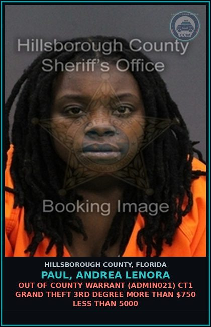 CCW arrest card for PAUL, ANDREA LENORA in Hillsborough County: UNLAWFUL USE OF CANCELED LICENSE (TRAF6042)