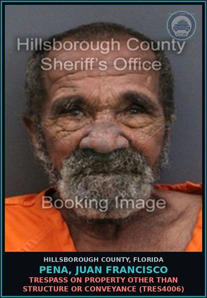 CCW arrest card for PENA, JUAN FRANCISCO in Hillsborough County: TRESPASS ON PROPERTY OTHER THAN STRUCTURE OR CONVEYANCE (TRES4006)