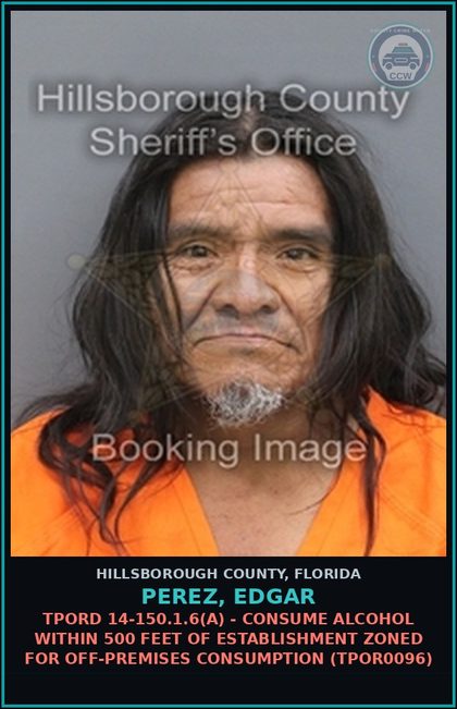 CCW arrest card for PEREZ, EDGAR in Hillsborough County: TPORD 14-150.1.6(A) - CONSUME ALCOHOL WITHIN 500 FEET OF ESTABLISHMENT ZONED FOR OFF-PREMISES CONSUMPTION (TPOR0096)