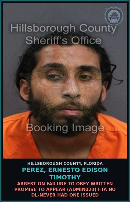 CCW arrest card for PEREZ, ERNESTO EDISON TIMOTHY in Hillsborough County: ARREST ON FAILURE TO OBEY WRITTEN PROMISE TO APPEAR (ADMIN023) FTA NO DL-NEVER HAD ONE ISSUED