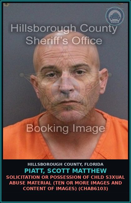 CCW arrest card for PIATT, SCOTT MATTHEW in Hillsborough County: FAILURE OF s3x OFFENDER TO REPORT BIANNUALLY (SEXU8052)