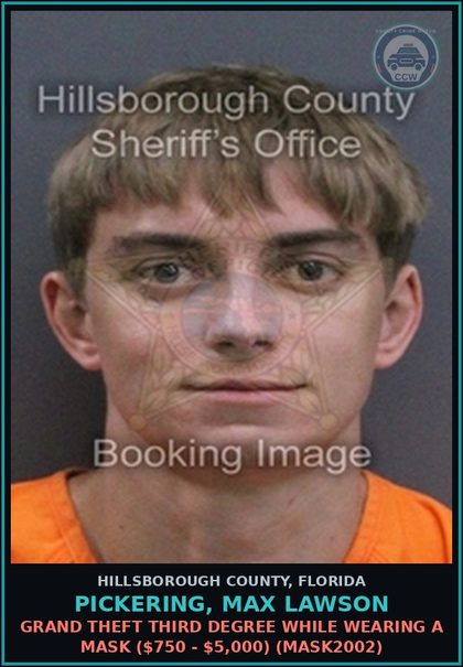 CCW arrest card for PICKERING, MAX LAWSON in Hillsborough County: CRIMINAL MISCHIEF $1,000 OR MORE (CRMS3000)