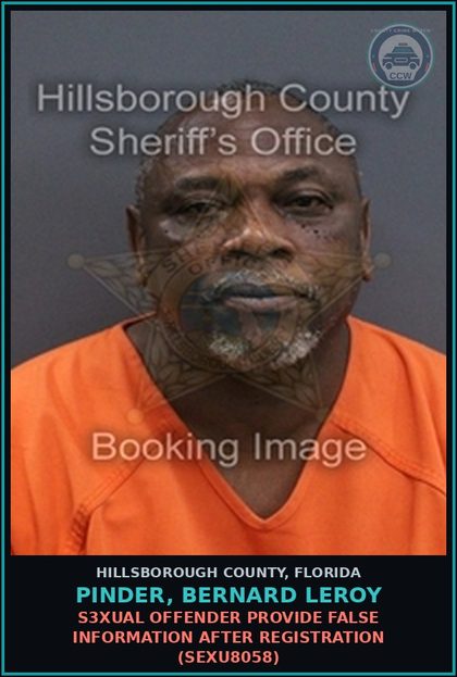 CCW arrest card for PINDER, BERNARD LEROY in Hillsborough County: s3xual OFFENDER PROVIDE FALSE INFORMATION AFTER REGISTRATION (SEXU8058)