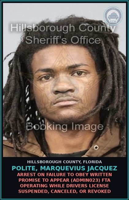 CCW arrest card for POLITE, MARQUEVIUS JACQUEZ in Hillsborough County: ARREST ON FAILURE TO OBEY WRITTEN PROMISE TO APPEAR (ADMIN023) FTA OPERATING WHILE DRIVERS LICENSE SUSPENDED, CANCELED, OR REVOKED