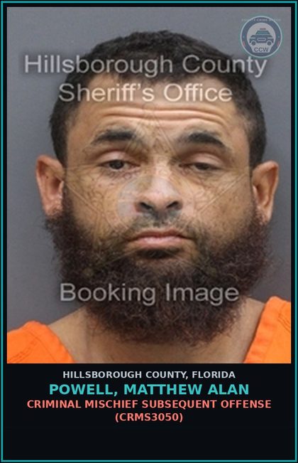 CCW arrest card for POWELL, MATTHEW ALAN in Hillsborough County: CRIMINAL MISCHIEF SUBSEQUENT OFFENSE (CRMS3050)