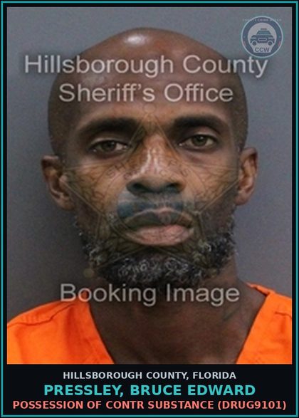 CCW arrest card for PRESSLEY, BRUCE EDWARD in Hillsborough County: HCORD 4-120(D) - PUBLIC CONSUMPTION OF ALCOHOL (HCOR1034)