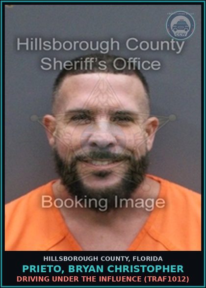 CCW arrest card for PRIETO, BRYAN CHRISTOPHER in Hillsborough County: DRIVING UNDER THE INFLUENCE (TRAF1012)