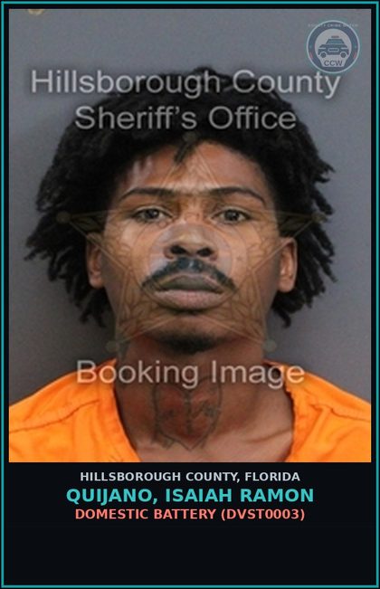CCW arrest card for QUIJANO, ISAIAH RAMON in Hillsborough County: DOMESTIC BATTERY (DVST0003)