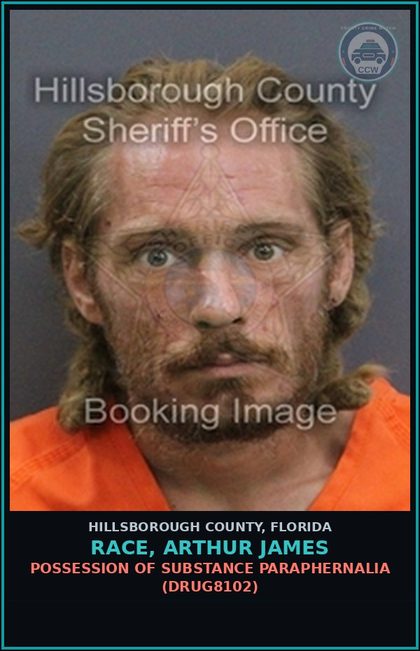 CCW arrest card for RACE, ARTHUR JAMES in Hillsborough County: POSSESSION OF DRUG PARAPHERNALIA (DRUG8102)