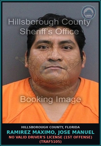 CCW arrest card for RAMIREZ MAXIMO, JOSE MANUEL in Hillsborough County: NO VALID DRIVER'S LICENSE (1ST OFFENSE) (TRAF5105)