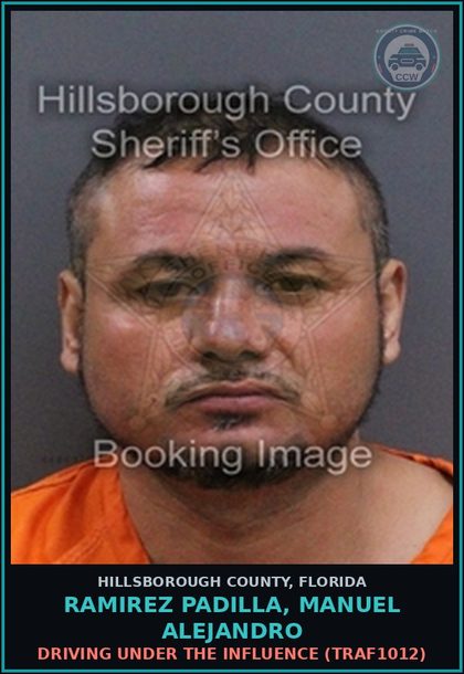 CCW arrest card for RAMIREZ PADILLA, MANUEL ALEJANDRO in Hillsborough County: DRIVING UNDER THE INFLUENCE (TRAF1012)