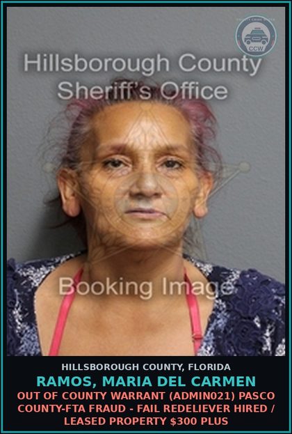 CCW arrest card for RAMOS, MARIA DEL CARMEN in Hillsborough County: OUT OF COUNTY WARRANT (ADMIN021) PASCO COUNTY-FTA FRAUD - FAIL REDELIEVER HIRED / LEASED PROPERTY $300 PLUS