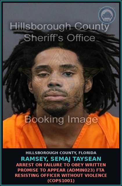 CCW arrest card for RAMSEY, SEMAJ TAYSEAN in Hillsborough County: ARREST ON FAILURE TO OBEY WRITTEN PROMISE TO APPEAR (ADMIN023) FTA RESISTING OFFICER WITHOUT VIOLENCE (COPS1001)