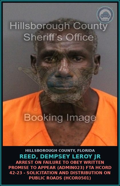 CCW arrest card for REED, DEMPSEY LEROY JR in Hillsborough County: ARREST ON FAILURE TO OBEY WRITTEN PROMISE TO APPEAR (ADMIN023) FTA HCORD 42-23 - SOLICITATION AND DISTRIBUTION ON PUBLIC ROADS (HCOR0501)