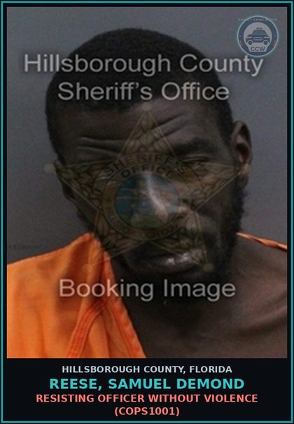 CCW arrest card for REESE, SAMUEL DEMOND in Hillsborough County, Florida: RESISTING OFFICER WITHOUT VIOLENCE (COPS1001)