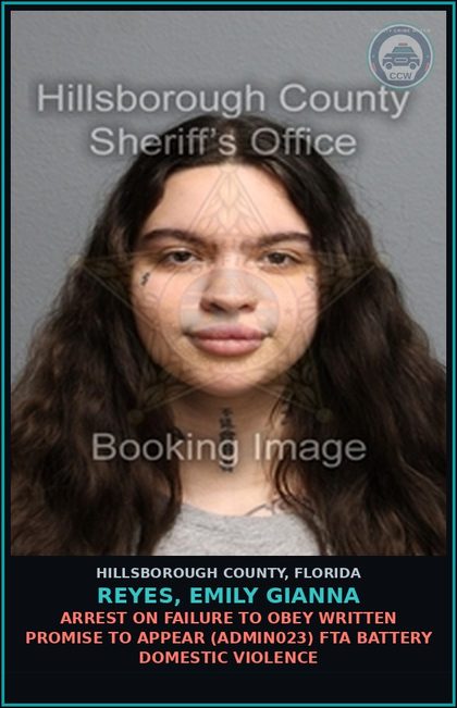 CCW arrest card for REYES, EMILY GIANNA in Hillsborough County: ARREST ON FAILURE TO OBEY WRITTEN PROMISE TO APPEAR (ADMIN023) FTA BATTERY DOMESTIC VIOLENCE