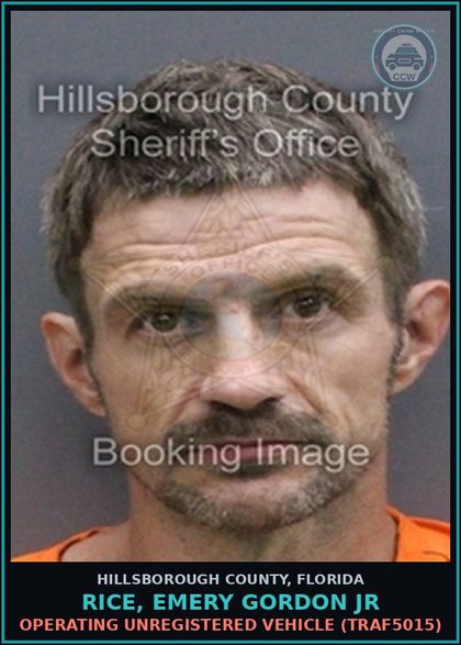 CCW arrest card for RICE, EMERY GORDON JR in Hillsborough County: OPERATING UNREGISTERED VEHICLE (TRAF5015)