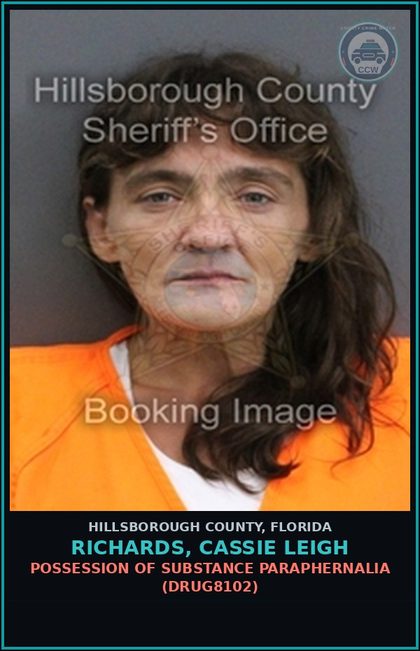 CCW arrest card for RICHARDS, CASSIE LEIGH in Hillsborough County: POSSESSION OF DRUG PARAPHERNALIA (DRUG8102)