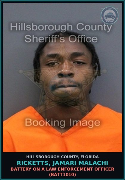 CCW arrest card for RICKETTS, JAMARI MALACHI in Hillsborough County: RESISTING OFFICER WITHOUT VIOLENCE (COPS1001)