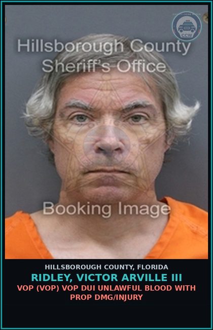CCW arrest card for RIDLEY, VICTOR ARVILLE III in Hillsborough County: TRESPASS IN UNOCCUPIED STRUCTURE OR CONVEYANCE (TRES1001)