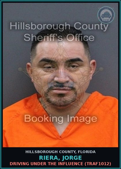 CCW arrest card for RIERA, JORGE in Hillsborough County: DRIVING UNDER THE INFLUENCE (TRAF1012)