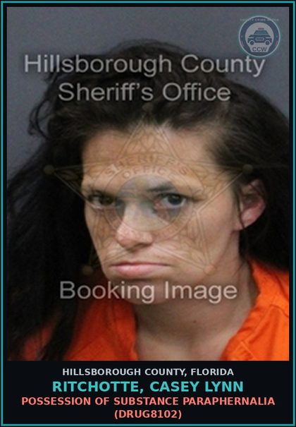 CCW arrest card for RITCHOTTE, CASEY LYNN in Hillsborough County: POSSESSION OF DRUG PARAPHERNALIA (DRUG8102)
