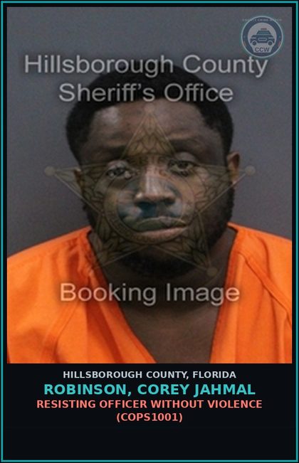 CCW arrest card for ROBINSON, COREY JAHMAL in Hillsborough County: RESISTING OFFICER WITHOUT VIOLENCE (COPS1001)