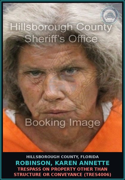 CCW arrest card for ROBINSON, KAREN ANNETTE in Hillsborough County: TRESPASS ON PROPERTY OTHER THAN STRUCTURE OR CONVEYANCE (TRES4006)