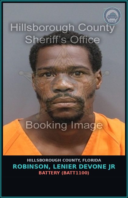 CCW arrest card for ROBINSON, LENIER DEVONE JR in Hillsborough County: BATTERY (BATT1100)