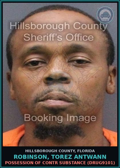 CCW arrest card for ROBINSON, TOREZ ANTWANN in Hillsborough County: POSSESSION OF contr substance (DRUG9101)