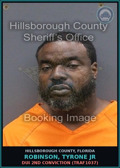 CCW arrest card for ROBINSON, TYRONE JR in Hillsborough County: REFUSAL TO SUBMIT TO TESTING (2ND OR SUBSEQUENT) (TRAF1079)