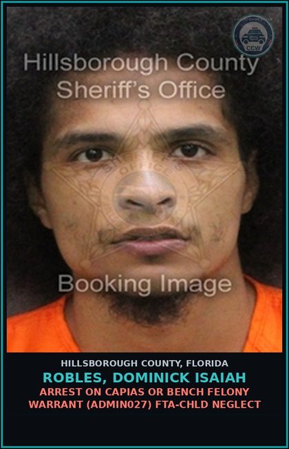 CCW arrest card for ROBLES, DOMINICK ISAIAH in Hillsborough County: ARREST ON CAPIAS OR BENCH FELONY WARRANT (ADMIN027) FTA-chld NEGLECT