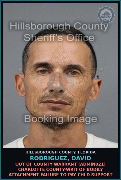 CCW arrest card for RODRIGUEZ, DAVID in Hillsborough County: OUT OF COUNTY WARRANT (ADMIN021) CHARLOTTE COUNTY-WRIT OF BODILY ATTACHMENT FAILURE TO PAY chld SUPPORT
