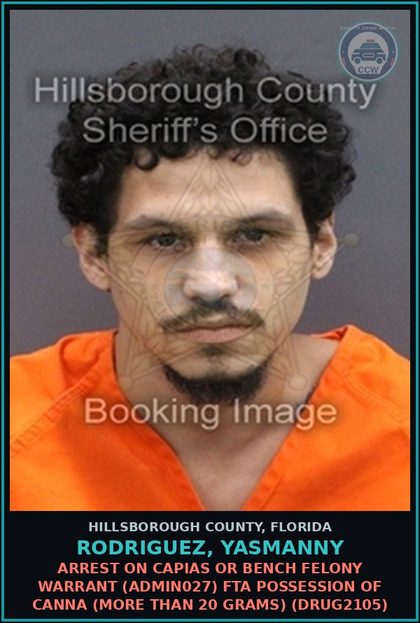 CCW arrest card for RODRIGUEZ, YASMANNY in Hillsborough County: ARREST ON CAPIAS OR BENCH FELONY WARRANT (ADMIN027) FTA POSSESSION OF Canna (MORE THAN 20 GRAMS) (DRUG2105)