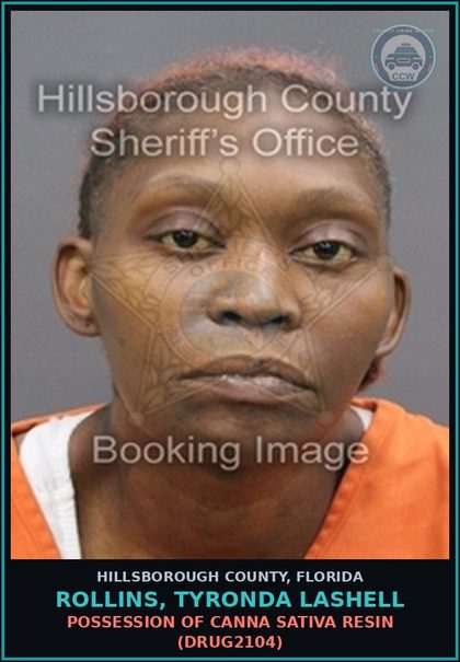 CCW arrest card for ROLLINS, TYRONDA LASHELL in Hillsborough County: POSSESSION OF Canna SATIVA RESIN (DRUG2104)