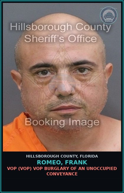 CCW arrest card for ROMEO, FRANK in Hillsborough County: VOP (VOP) VOP BURGLARY OF AN UNOCCUPIED CONVEYANCE