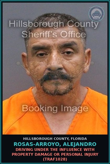 CCW arrest card for ROSAS-ARROYO, ALEJANDRO in Hillsborough County: DRIVING UNDER THE INFLUENCE WITH PROPERTY DAMAGE OR PERSONAL INJURY (TRAF1028)