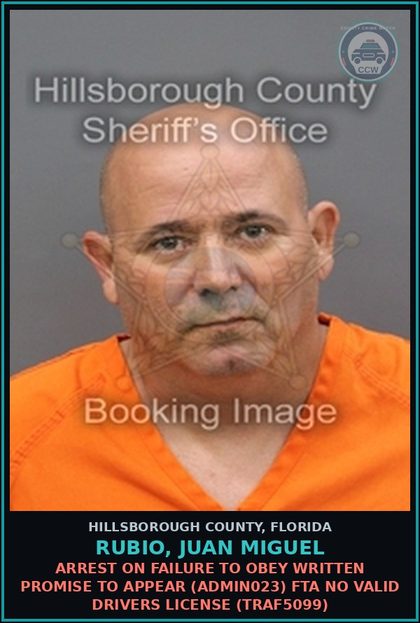 CCW arrest card for RUBIO, JUAN MIGUEL in Hillsborough County: ARREST ON FAILURE TO OBEY WRITTEN PROMISE TO APPEAR (ADMIN023) FTA NO VALID DRIVERS LICENSE (TRAF5099)