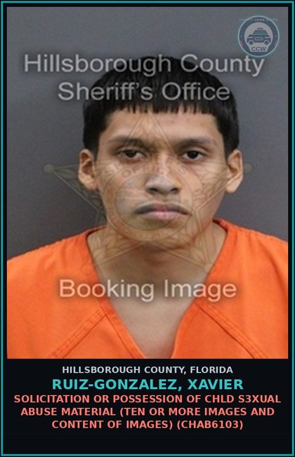 CCW arrest card for RUIZ-GONZALEZ, XAVIER in Hillsborough County: SOLICITATION OR POSSESSION OF chld s3xual ABUSE MATERIAL (TEN OR MORE IMAGES AND CONTENT OF IMAGES) (CHAB6103)