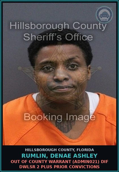 CCW arrest card for RUMLIN, DENAE ASHLEY in Hillsborough County: OUT OF COUNTY WARRANT (ADMIN021) DIF DWLSR 2 PLUS PRIOR CONVICTIONS