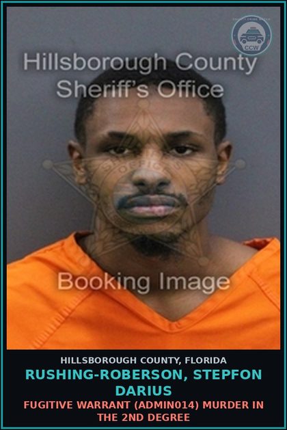 CCW arrest card for RUSHING-ROBERSON, STEPFON DARIUS in Hillsborough County: FUGITIVE WARRANT (ADMIN014) MURDER IN THE 2ND DEGREE