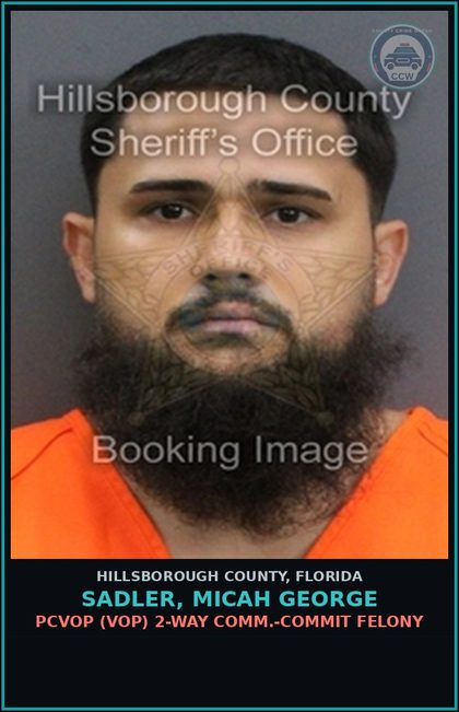 CCW arrest card for SADLER, MICAH GEORGE in Hillsborough County: PCVOP (VOP) OTH.DRUG-SALE/MANUF/DELIV