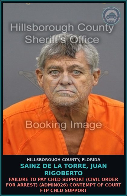 CCW arrest card for SAINZ DE LA TORRE, JUAN RIGOBERTO in Hillsborough County: FAILURE TO PAY chld SUPPORT (CIVIL ORDER FOR ARREST) (ADMIN026) CONTEMPT OF COURT FTP chld SUPPORT