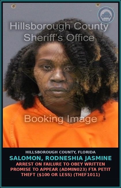 CCW arrest card for SALOMON, RODNESHIA JASMINE in Hillsborough County: ARREST ON FAILURE TO OBEY WRITTEN PROMISE TO APPEAR (ADMIN023) FTA PETIT THEFT ($100 OR LESS) (THEF1011)