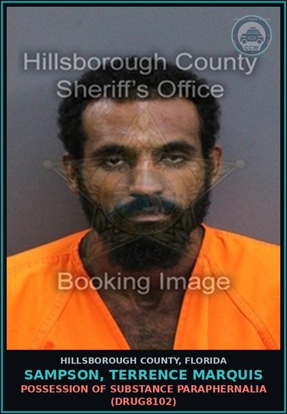 CCW arrest card for SAMPSON, TERRENCE MARQUIS in Hillsborough County: POSSESSION OF DRUG PARAPHERNALIA (DRUG8102)