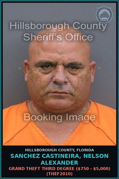 CCW arrest card for SANCHEZ CASTINEIRA, NELSON ALEXANDER in Hillsborough County: GRAND THEFT THIRD DEGREE ($750 - $5,000) (THEF2010)