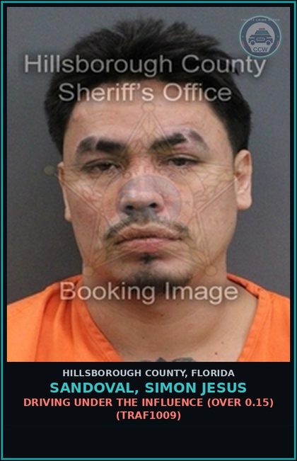 CCW arrest card for SANDOVAL, SIMON JESUS in Hillsborough County: DRIVING UNDER THE INFLUENCE (OVER 0.15) (TRAF1009)